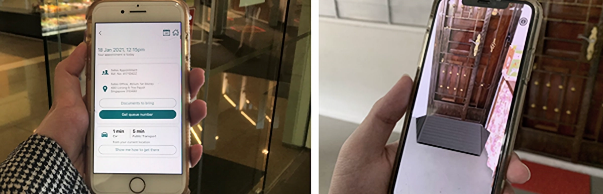 Two hands holding smartphones; left shows an appointment app, right displays an augmented reality view of a wooden door.